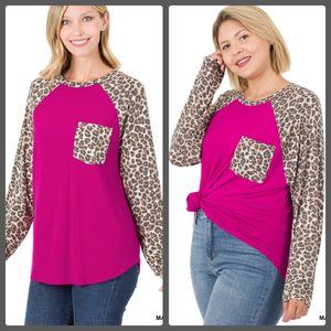 New Magenta Pink Zenana Leopard Raglan Pocket Soft Top Blouse Shirt